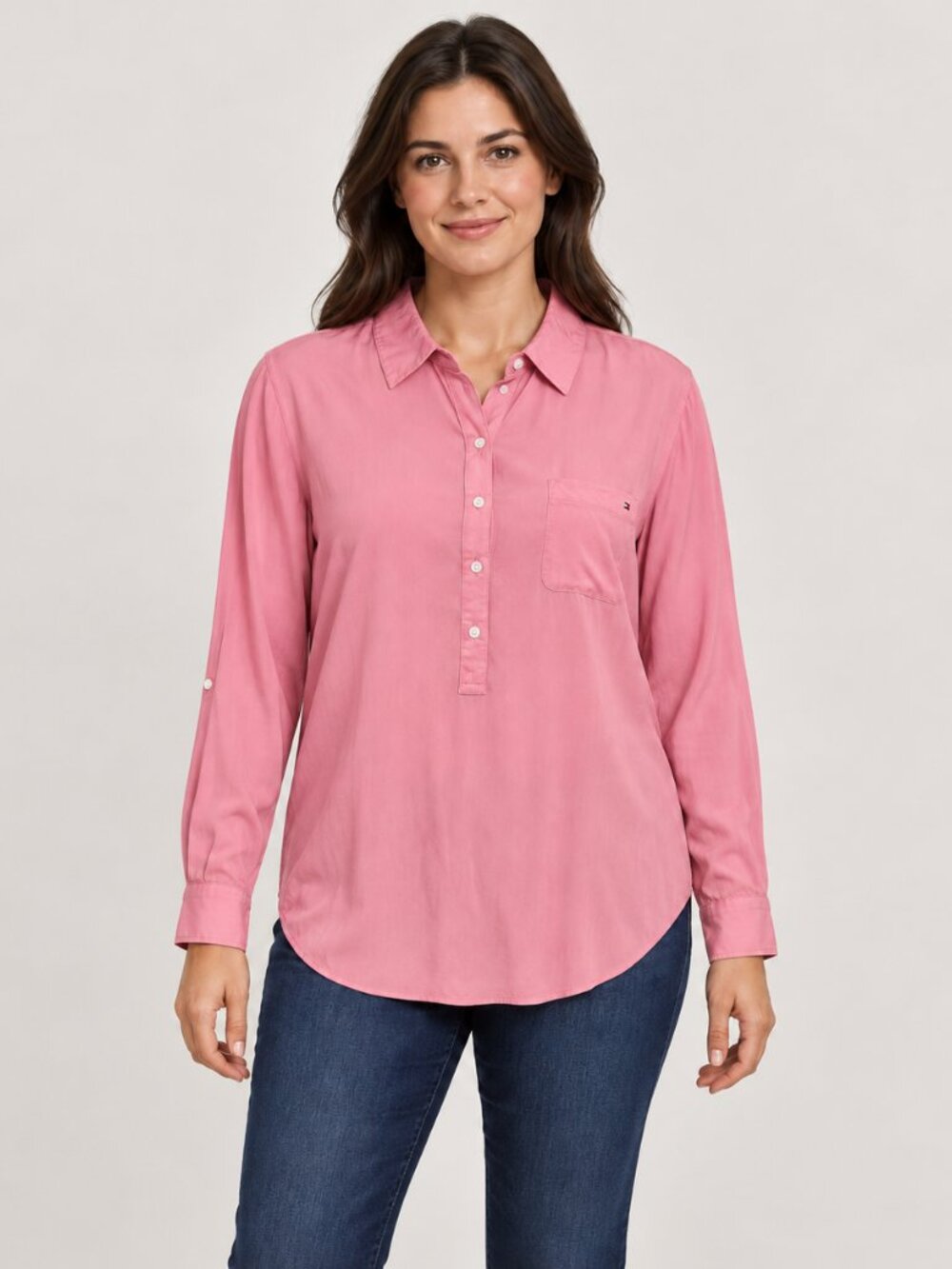 Tommy Hilfiger Womens Shirt M Pink 100 Rayon Long Sleeve Button Front Pocket